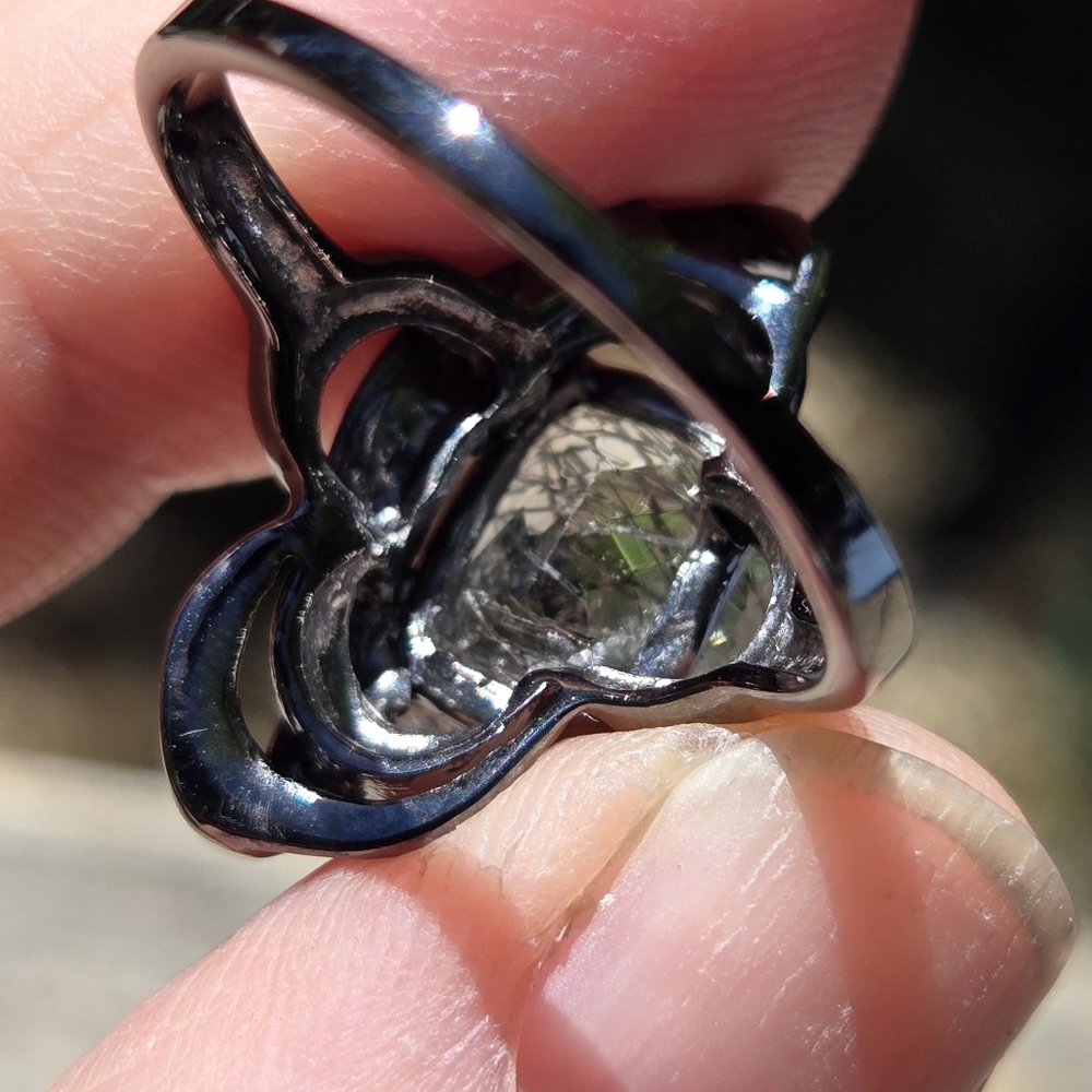 Rutilated Quartz 5k emerald cushion cut sterling rhodium & gold ring sz9 - Picture 8 of 9